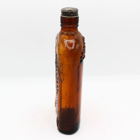 Antique One Pint Brown Wine Oval Glass Bottle Metal Cap Embossed Grape Design - Picture 4 of 6